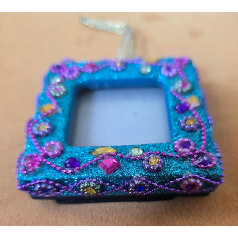Teal Glitter Mini Picture Frame Ornament Beaded Jeweled Easel Back‎ Square 3in